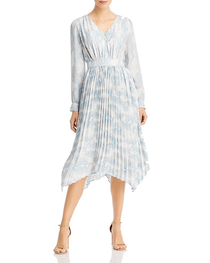 T Tahari Long Sleeve V Neck Pleated Midi Dress Bloomingdale s