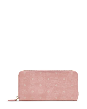 Mcm Zip Around Large Leather And Canvas Wallet In Blossom Pink