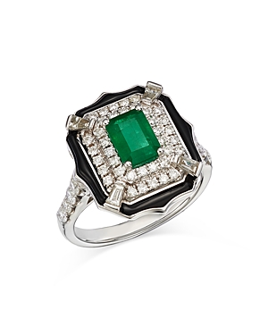 Bloomingdale's Emerald, Onyx, & Diamond Double Halo Statement Ring In 14k White Gold - 100% Exclusive In Green/white