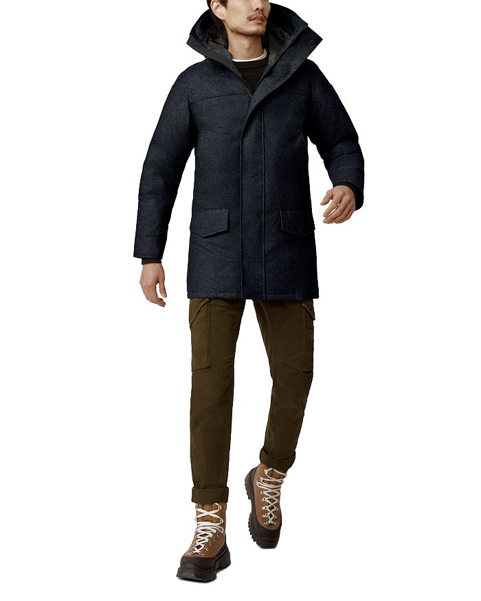 Shop Canada Goose Langford Hooded Wool Blend Down Parka In Atlantic Navy