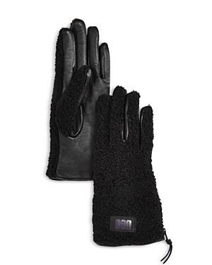 Ugg Leather & Sherpa Zip Gloves In Black
