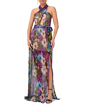 Aidan Mattox Aidan By  Crinkle Mesh Floral Print Halter Dress In Magenta