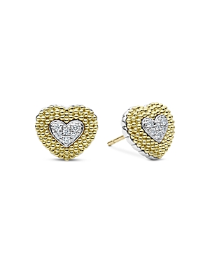 Shop Lagos Sterling Silver & 18k Yellow Gold Caviar Lux Beaded Diamond Heart Stud Earrings In White/yellow
