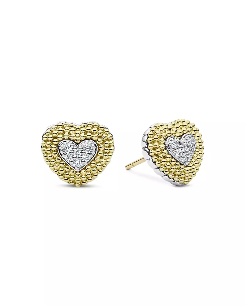 Lagos Sterling Silver & 18K Yellow Gold Caviar Lux Beaded Diamond Heart Stud Earrings