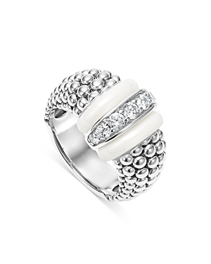 Shop Lagos Ceramic & Sterling Silver White Caviar Diamond Ring In White/silver