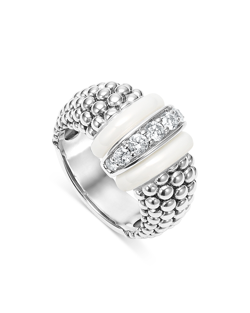 Lagos White Caviar White Ceramic Diamond Large 1-link Ring In White/silver