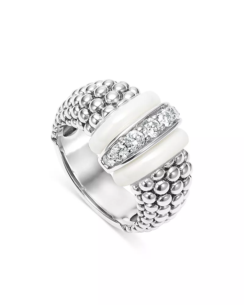 Lagos Ceramic & Sterling Silver White Caviar Diamond Ring
