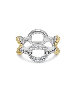 18K Yellow Gold & Sterling Silver Caviar Lux Large Diamond Oval Link Eternity Band Ring