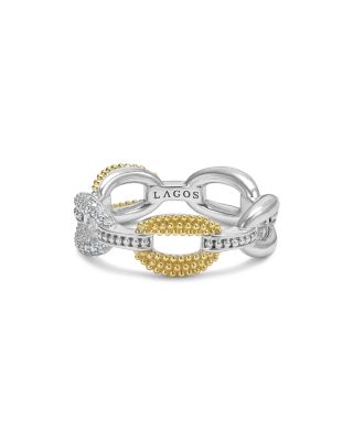 18K Yellow Gold & Sterling Silver Caviar Lux Small Diamond Oval Link Eternity Band Ring