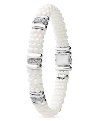 Sterling Silver White Caviar Ceramic & Diamond Beaded Bracelet