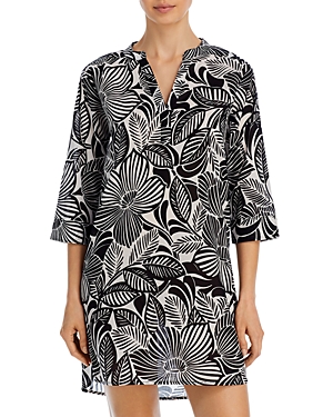 Echo Woodcut Floral Tunic Swim Cover-up In Black