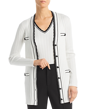 Shop Karl Lagerfeld Scalloped Edge Long Cardigan Sweater In Soft White/ Black