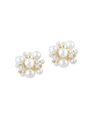 Bloomingdale's Fine Collection - Cultured Freshwater Pearl & Diamond Cluster Stud Earrings in 14k Gold - Exclusive