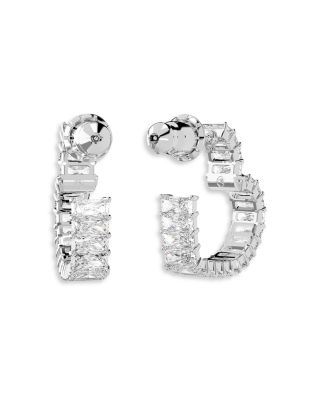 Matrix Baguette Crystal Small Heart Hoop Earrings in Rhodium Plated 
