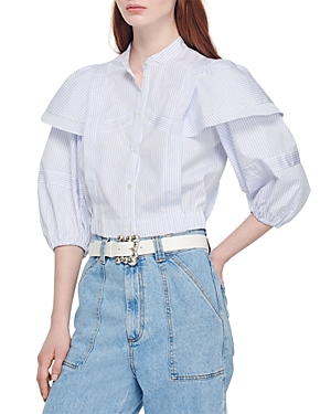 Sandro Yzeure Cotton Striped Ruffled Cropped Shirt