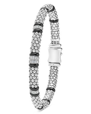 Four Station Diamond Black Caviar Bracelet in Sterling Silver