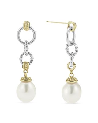 18k Gold & Sterling Silver Two Tone Luna Cultured Pearl Circle Drop Earrings 