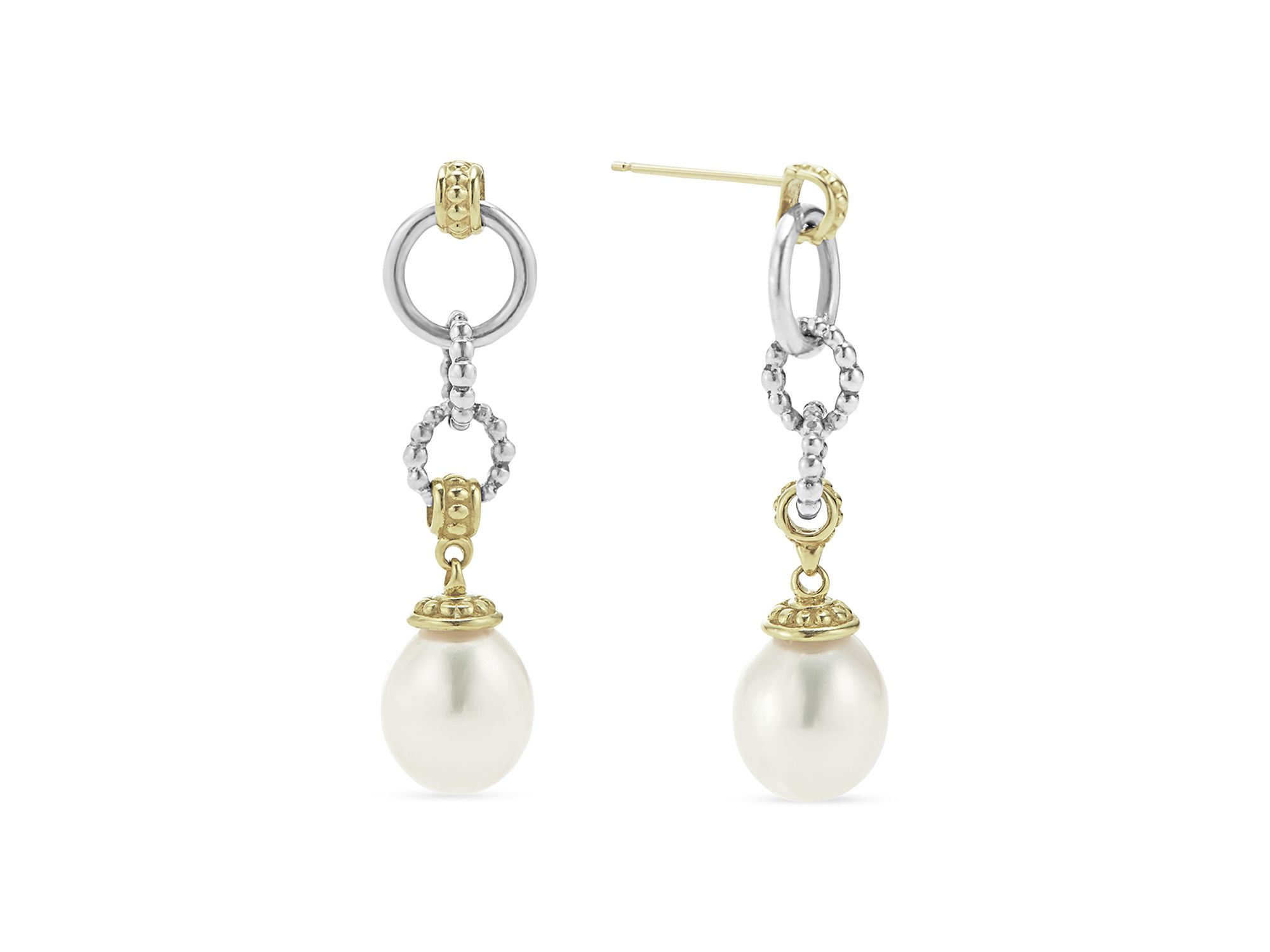 18k Gold & Sterling Silver Two Tone Luna Cultured Pearl Circle Drop Earrings — Image 3