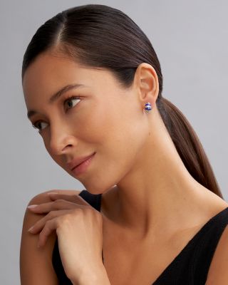 Blue Caviar Ceramic and Diamond Huggie Earrings in Sterling Silver