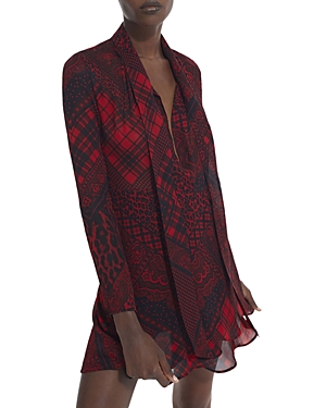 The Kooples Mixed Print Tie Neck Mini Dress In Red