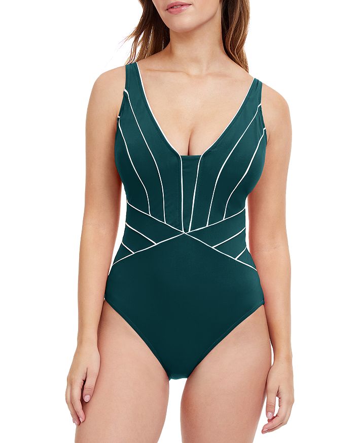 Shop Profile By Gottex Line Up V Neck One Piece Swimsuit In Dark Emerald