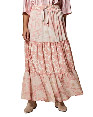 Marina Rinaldi Canarino Floral Print Tiered Maxi Skirt In Lilac