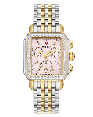 Michele Deco Two Tone 18k Gold Plated Diamond Watch, 33mm X 35mm In Pink/two-tone