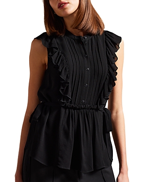 Ted Baker Evalie Ruffle Sleeveless Georgette Peplum Top In Black