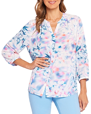 Nydj Three Quarter Sleeve Printed Pintucked Back Blouse In Windsong
