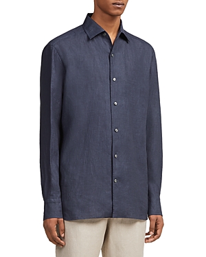 Zegna Linen Shirt With Chest Pockets And Point Collar In Dark Blue
