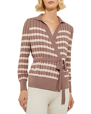 Misook Striped Cable Knit Wrap Cardigan In Macchiato/biscotti