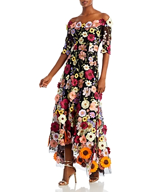 Shop Teri Jon By Rickie Freeman Floral Embroidered Off-the-shoulder Dress In Black Multi