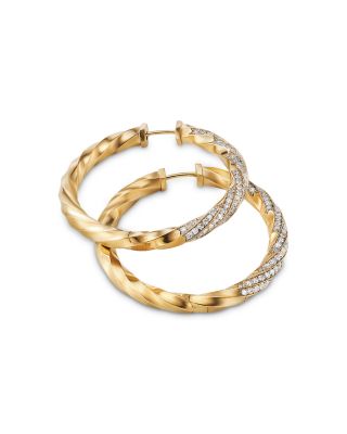 18K Yellow Gold Cable Edge Hoop Earrings with Diamonds