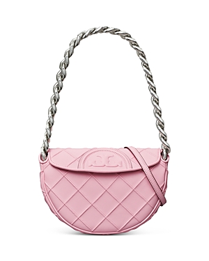 Tory Burch Mini Fleming Soft Crescent Bag In Pink Plie/silver