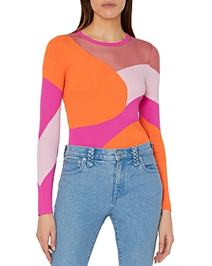 MILLY SHEER SHOULDER GRAPHIC KNIT SWEATER