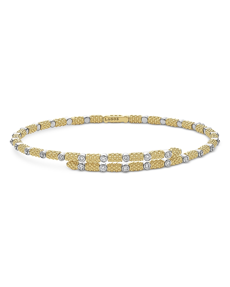 Lagos 18k White & Yellow Gold Signature Caviar Diamond Superfine Cuff Coil Bracelet In Gold/white