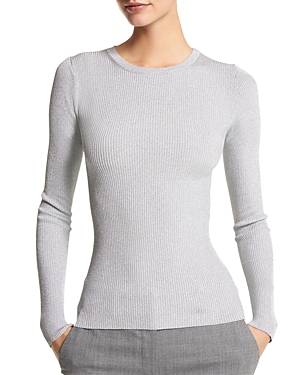 Michael Kors Metallic Rib Long-sleeve Crewneck Sweater In Silver