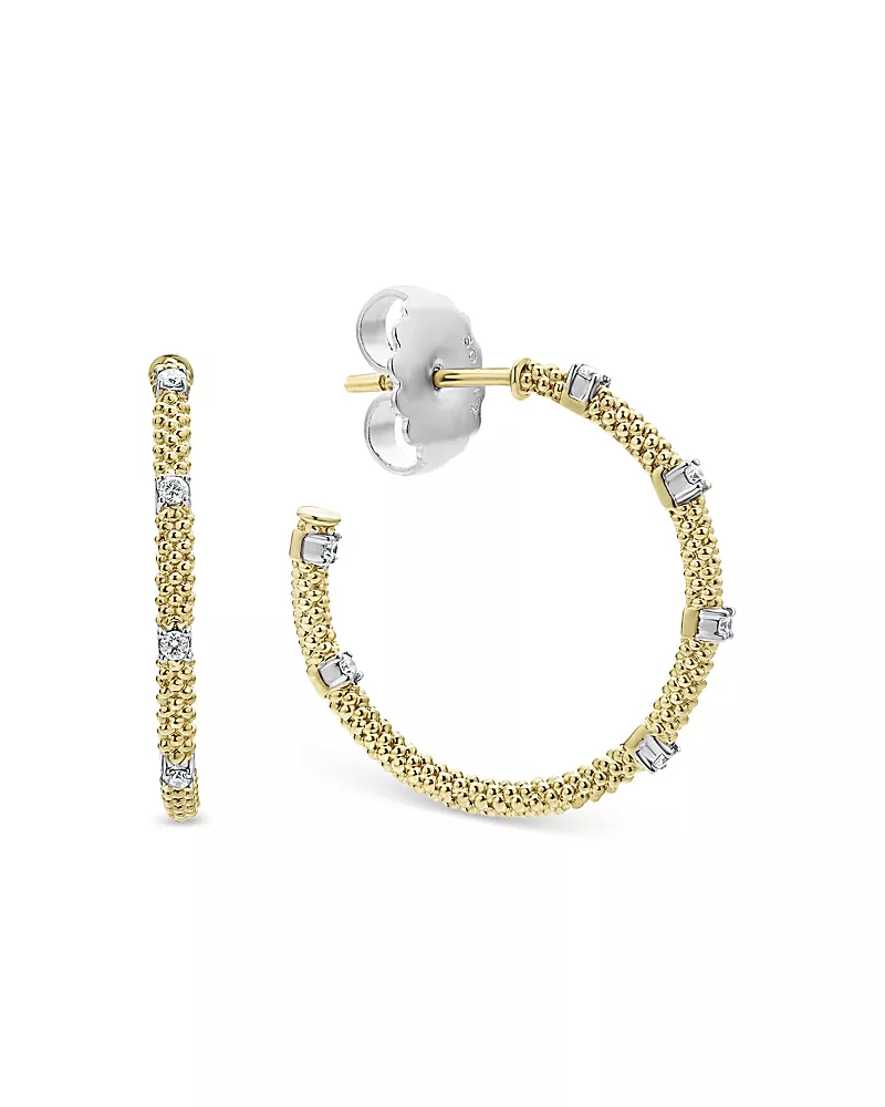 Lagos 18K White & Yellow Gold Caviar Diamond Hoop Earrings