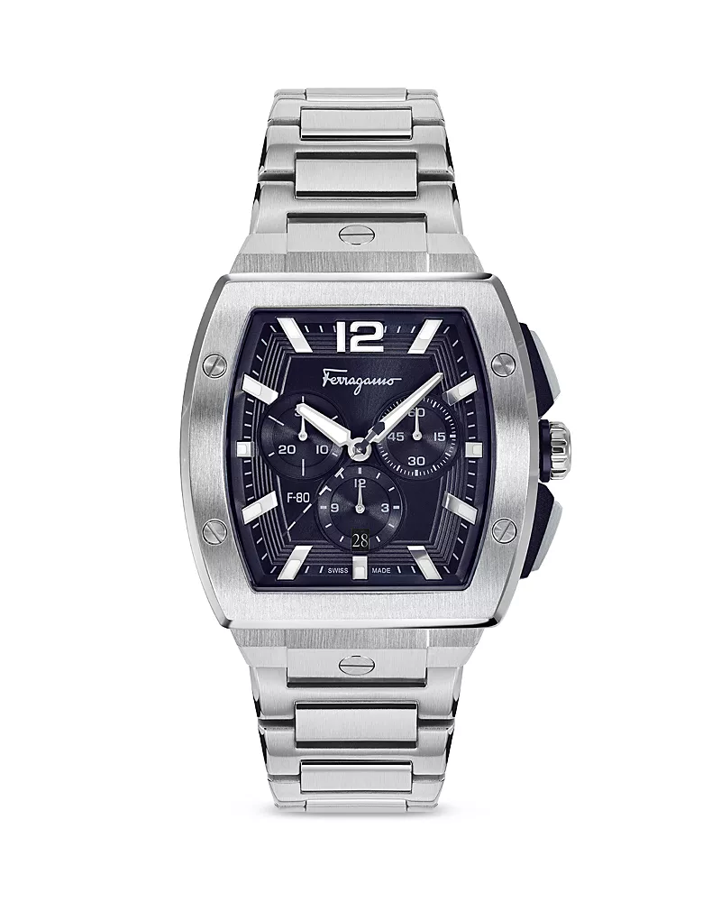 Ferragamo F-80 Tonneau Stainless Steel Chronograph Watch, 41.8mm