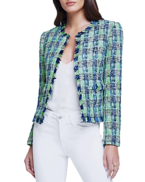 L Agence Angelina Tweed Open-front Fringe Blazer In Green/blue Multi
