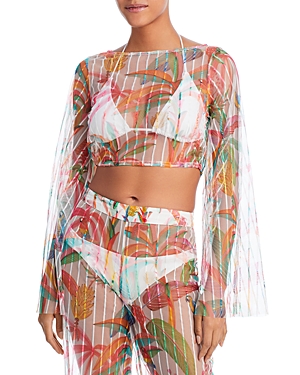 ROCOCO SAND TROPICAL PRINT MESH CROP SWIM COVER-UP TOP