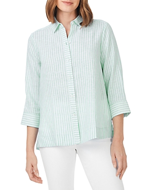 Foxcroft Harley Stripe Linen Button-up Shirt In Sea Mist