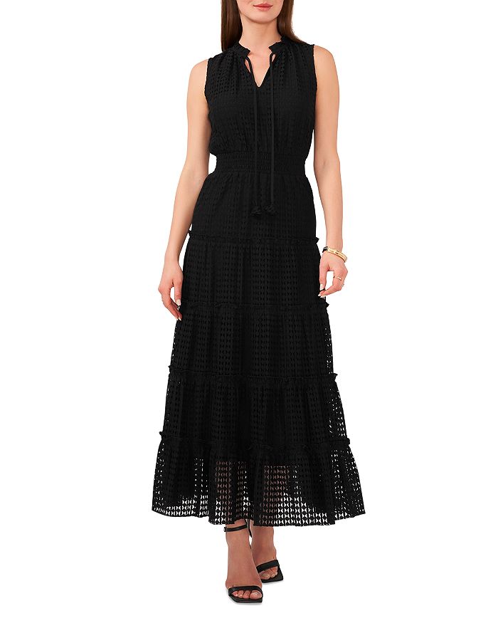 1 state tie neck long sleeve tiered maxi dress