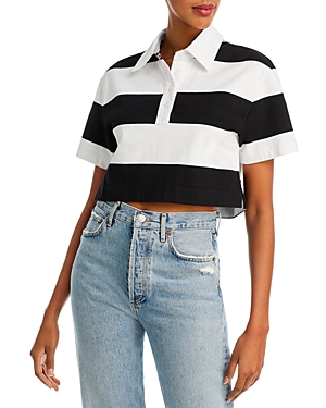 Alice And Olivia Treva Cropped Polo Shirt In Black/ White