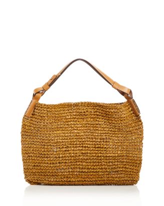 Label leather-trimmed raffia shoulder bag