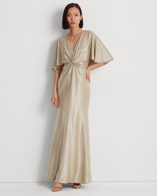 Foil Print Jersey Cape Gown