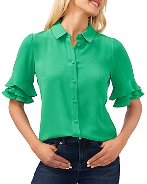 Cece Ruffled Button Up Blouse In Vivid Green