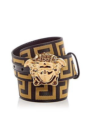 Shop Versace Men's Medusa Buckle Woven Belt In Black+gold