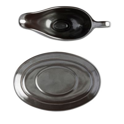 Pewter Stoneware Sauce Boat and Stand