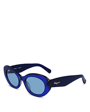 Shop Ferragamo Oval Sunglasses, 53mm In Blue/blue Solid